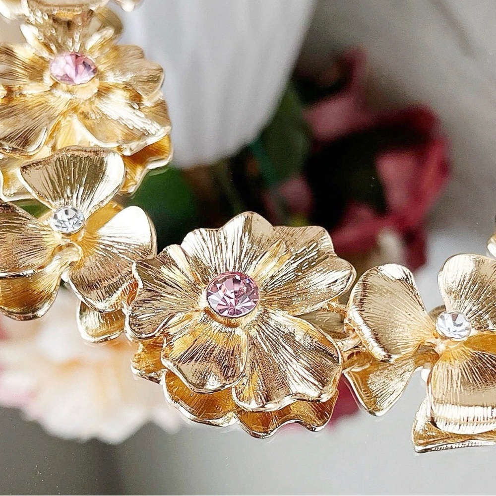 Park Lane “Meadow” Gold Necklace with Pink crystals in a Floral Design